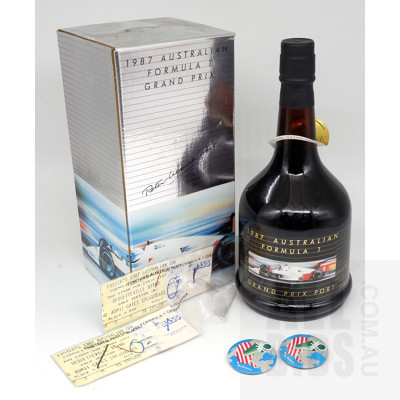 1987 Australian Formula 1 Grand Prix Port, No 11437, 750ml, with Two Used 1987 Australian Grand Prix Tickets