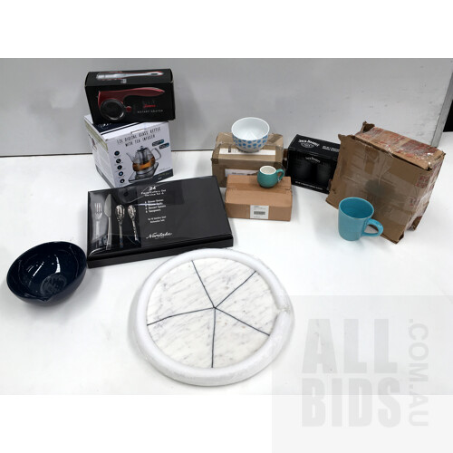 Assorted Lot of Kitchenware Including Lenoxx 1.2L Digital Glass Kettle, Maxwell Williams Mini Mugs, Noritake 24 Piece Cutlery Set and More