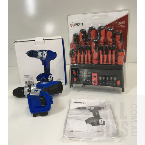 Tools Include - Greenlund 18V Cordless Drill (Skin Only) And Fixit Screwdriver 38 Piece Set Lot Of Two