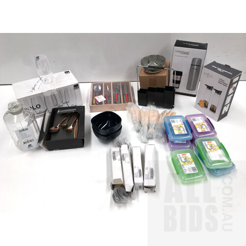 Assorted Lot of Kitchenware Including Sherwood 2 Piece Fruit Infuser Water Bottle, Salt & Pepper Highball Glasses and More