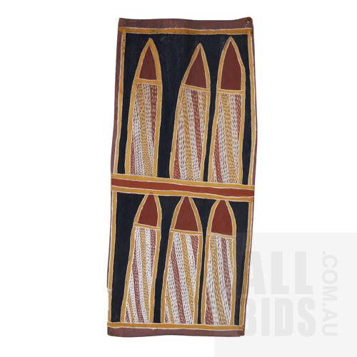 Alex Djirrigulu (born 1928, Liagalawumir lanuage group), Ngambi (Stone Spearheads), Milingimbi c1979, Natural Earth Pigments on Eucalyptus Bark, 74 x 34 cm