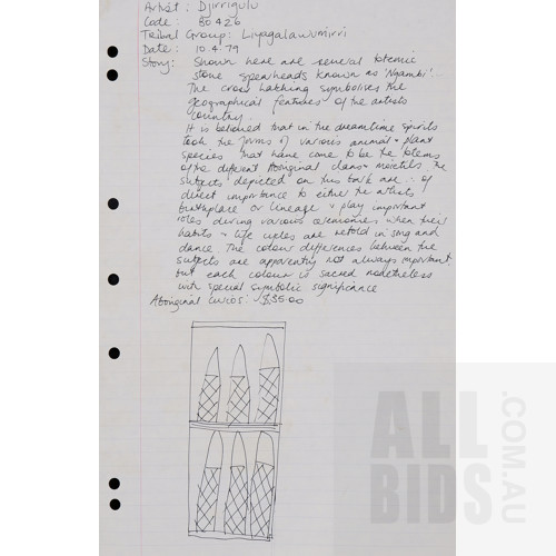 Alex Djirrigulu (born 1928, Liagalawumir lanuage group), Ngambi (Stone Spearheads), Milingimbi c1979, Natural Earth Pigments on Eucalyptus Bark, 74 x 34 cm