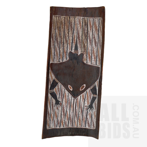 A Bark Painting from Groote Eylandt Depicting a Stingray, Natural Earth Pigments on Eucalyptus Bark, 70 x 30 cm
