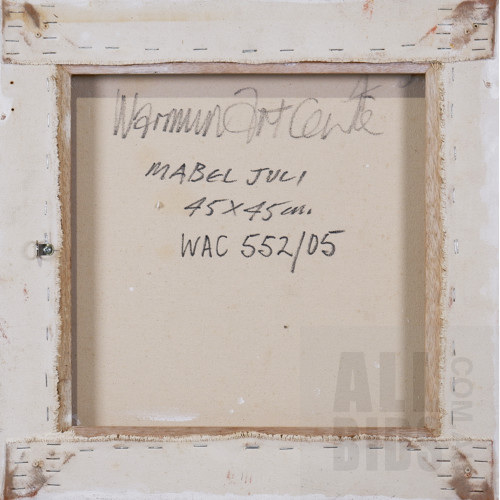 Mabel Juli (born c1930, Gija language group), Marranji and Jiyirriny, Natural Ochre and Pigments on Canvas, 45 x 45 cm