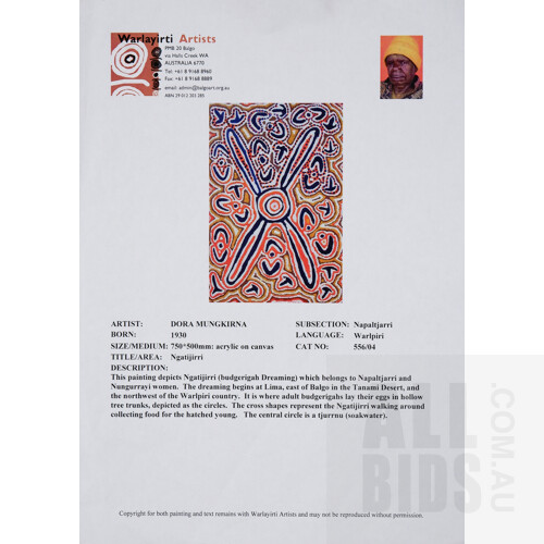 Dora Mungkirna (born 1930, Warlpiri language group), Ngatijirri 2004, Acrylic in Canvas, 75 x 50 cm