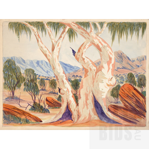 Hermannsburg School, Untitled (Twin Gums),Watercolour on Crescent Illustration Board, 35.5 x 49 cm