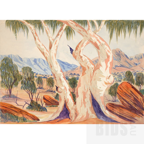 Hermannsburg School, Untitled (Twin Gums),Watercolour on Crescent Illustration Board, 35.5 x 49 cm