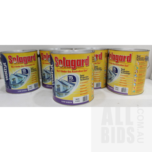 Wattyl Solagard Exterior Low Sheen Paint - White - 4 Litre Tins - Lot of Five - New - ORP $450.00