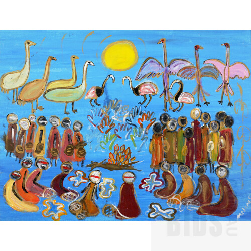 Margaret Adams (born 1942, Kamilaroi language group), Corroboree with Animals, Moree New South Wales, Acrylic on Canvas, 45 x 59 cm