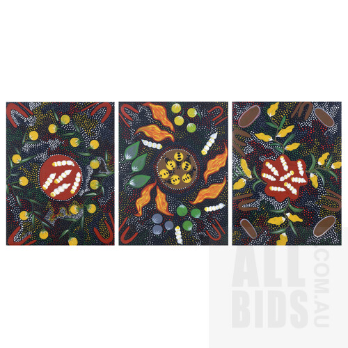 Eileen Mbitjana (born c1940, Kaytetye language group), Bush Tucker 2011, Acrylic on Canvas, each 32 x 42 cm (3)