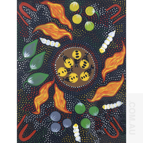 Eileen Mbitjana (born c1940, Kaytetye language group), Bush Tucker 2011, Acrylic on Canvas, each 32 x 42 cm (3)