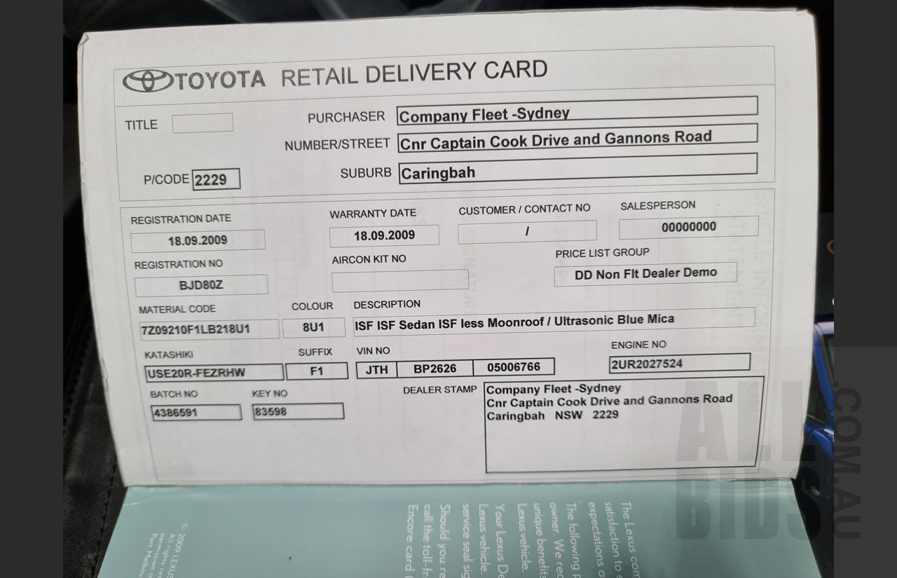 9/2009 Lexus ISF USE20R 4d Sedan Ultrasonic Blue Mica 5.0L V8