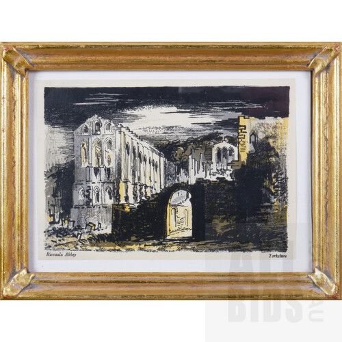 John Piper (1903-1992, British), Rivaulx Abbey, Yorkshire, Hand-Coloured Lithograph, 12 x 18 cm (image size)