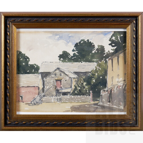 Sir Charles Holmes (1868-1936, British), Houses with Yard and Cart c1920, Graphite and Watercolour, 18.5 x 24 cm