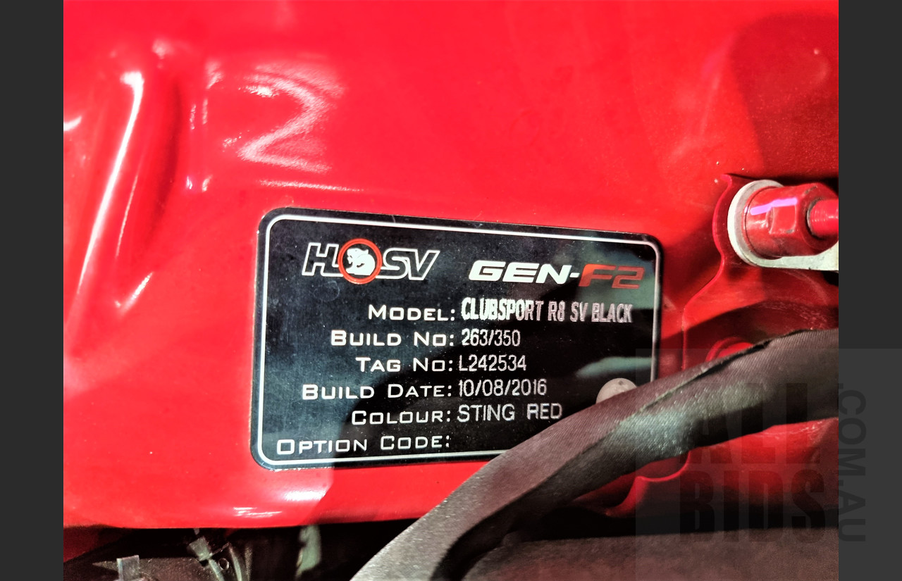 8/2016 Holden HSV Clubsport R8 GEN F2 SV Black 263/350 MY16 4d Sedan Sting Red 6.2L V8 Supercharged