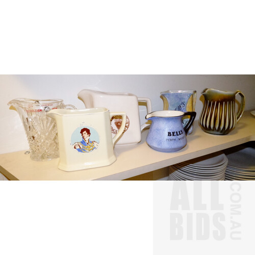 Collection of Six Glass and Ceramic Whiskey Jugs, Including Carlton Ware Bells Perth