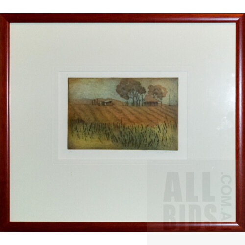 Mary Hunter (20th Century, Australian), Untitled (Country Farm with Cottage) 1995, Etching, 14.5 x 25.5 cm (image size)