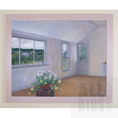 Brian Dunlop (1938-2009), Interior with Platonic Solids, Oil on Canvas, 87 x 109 cm