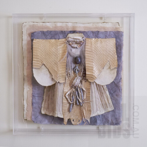 Inga Hunter (20th Century, Australian), Robes of the Imperium: Snake Man, Cotton and Plant Papers, Thread, Beads, Bone, Snakeskin, Bone, Metal, Feathers, Paint, Crab Claws, Ivory, 31 x 31 cm