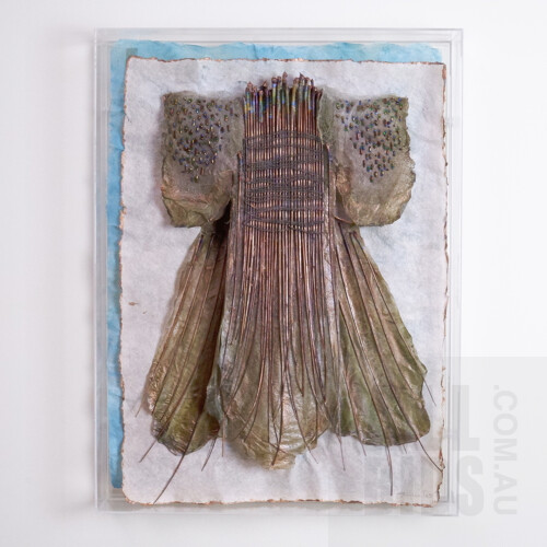 Inga Hunter (20th Century, Australian), Robes of the Imperium: Message Bearer of the Forest People, Handmade Kozo Paper, Cedrela Stems, Silk Threads, Beads, Fabric and Varnish, 37 x 35 cm