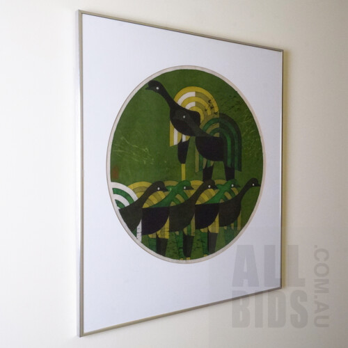 Cornel Swen (born 1930), Emus, Wax-Resist Dye on Japanese Washi Paper, Diameter: 49 cm