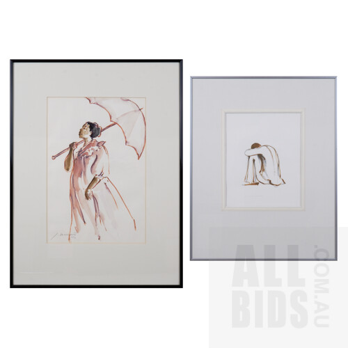 Jara David Moserova (20th Century), Woman with Parasol 1993, Watercolour 40 x 27 cm together with Summer of Lost Hopes 1968, Watercolour, 25 x 20 cm (2)