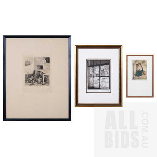 After Louis le Nain, Etching, 13 x 11 cm (image size), Edition 50/100 together with Mary Hunter, Reflections 1980, Etching, 13 x 9.5 cm (AP) and a framed reproduction print of Fra Angelico, The Annunciation (3)