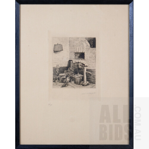 After Louis le Nain, Etching, 13 x 11 cm (image size), Edition 50/100 together with Mary Hunter, Reflections 1980, Etching, 13 x 9.5 cm (AP) and a framed reproduction print of Fra Angelico, The Annunciation (3)