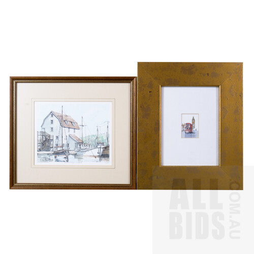 Philip Marom (20th Century, British), Woodbridge, Suffolk, Lithograph, 14 x 17 cm (image size), together with a small framed etching of a London bus (signed indistinctly)
