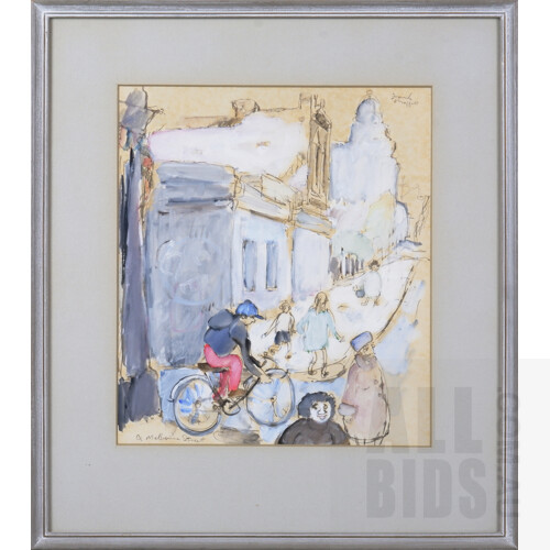 Frank Moffatt (born 1941), A Melbourne Street, Ink & Gouache, 25 x 22 cm