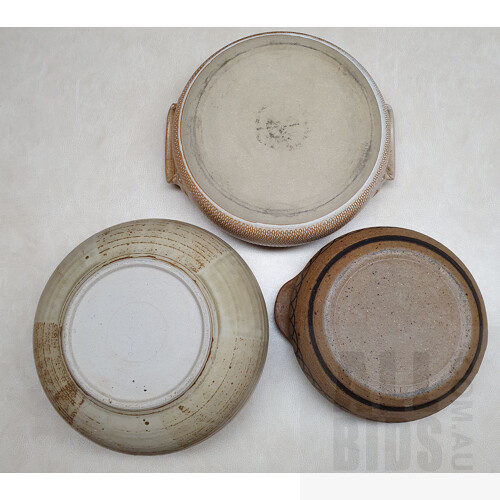 Three Studio Ceramic Covered Dishes and a Glazed Stoneware Bread Crock