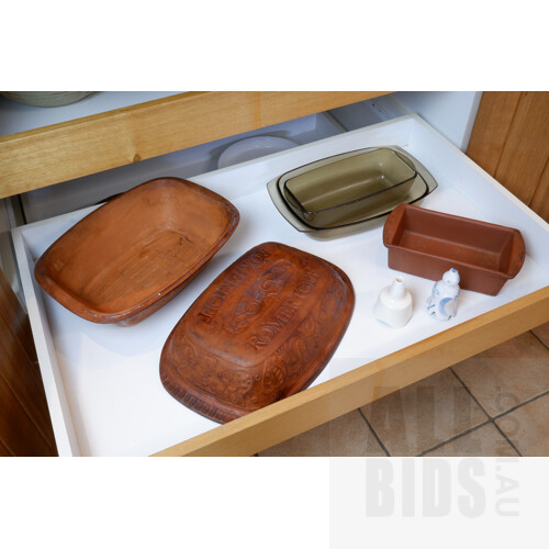 Two French Arcopal Glass Oven Dishes, USA Copco Stoneware Baking Dish, West German Stoneware Baking Dish and More