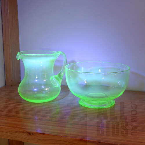 Vintage Uranium Glass Creamer Jug and Sugar Bowl