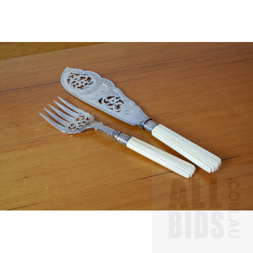 Pair of Victorian Ivory Handled and Silver Plated Fish Servers, Late 19th Century