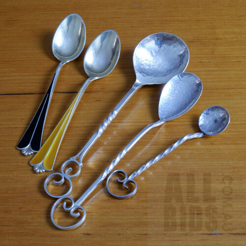 Three Sterling Silver Sugar Spoons in the Manner of Sargisons, Tasmania, 26g with Two David Anderson Norway Sterling Silver and Enamel Teaspoons, 19h