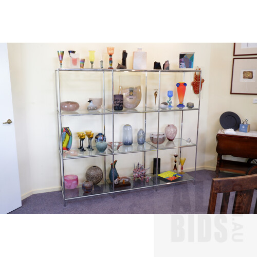 Good Retro Chromed Metal Open Bookcase with Sunken Glass Shelves