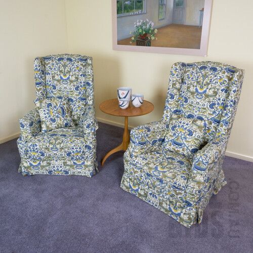 Pair of Early 20th Century High Back Armchairs with Later William Morris Style Upholstery