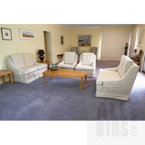 Vintage Beige Fabric Upholstered Wingback Lounge Setting, Consisting of Pair of Armchairs and Pair of Two Seater Lounges, Ex E.W Goulder & Sons