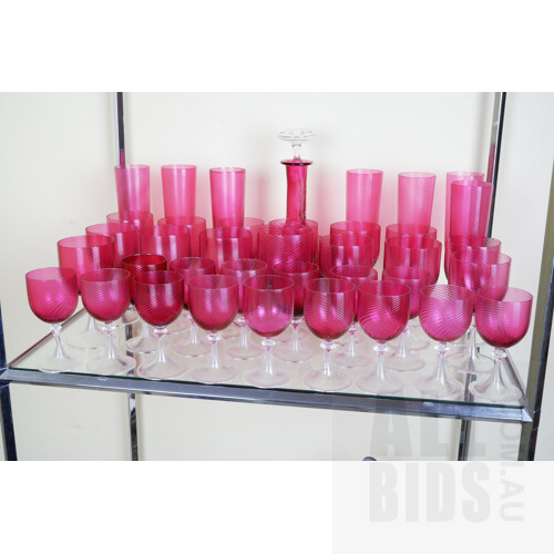 Impressive Italian Ruby Stemware Setting, Including Decanter, 38 Pieces