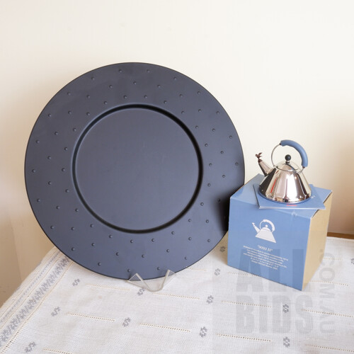 Alessi Epoxy Resin Steel Charger and a Miniature Alessi 9093 M Teapot Designed by Michael Graves