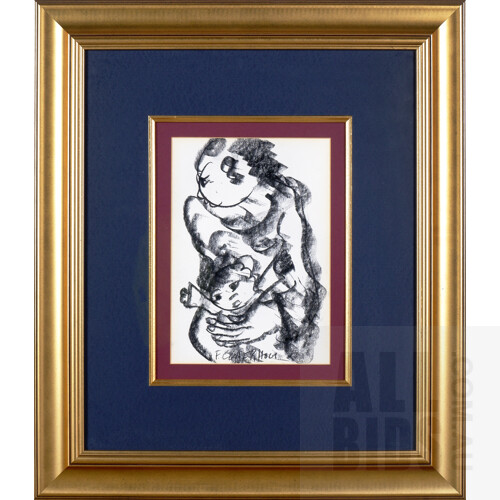 Frans Claerhout (1919-2006, South African), Untitled (Mother & Child), Charcoal, 30 x 20 cm