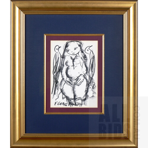 Frans Claerhout (1919-2006, South African), Untitled (Figure with Birds), Charcoal. 30 x 20 cm