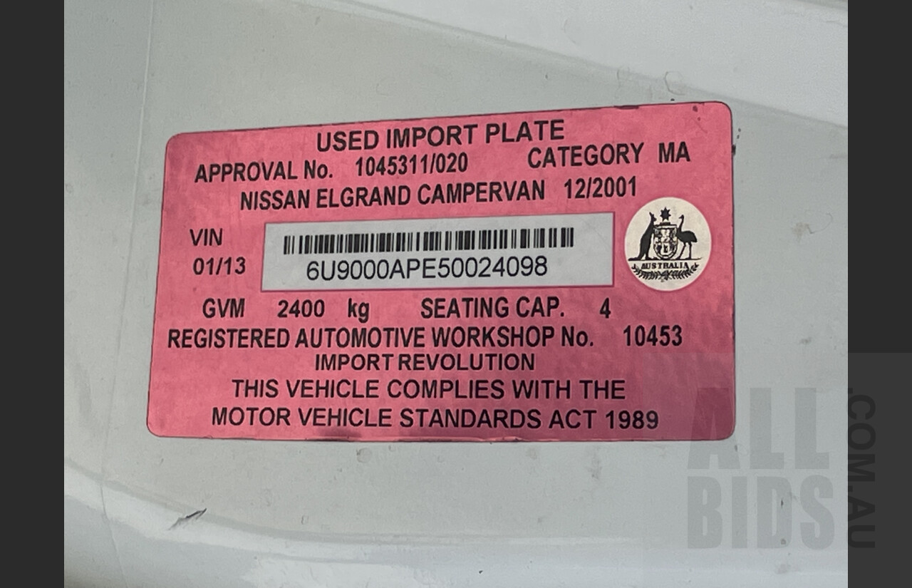 01/2001 Nissan Elgrand Rider Van White 3.5L