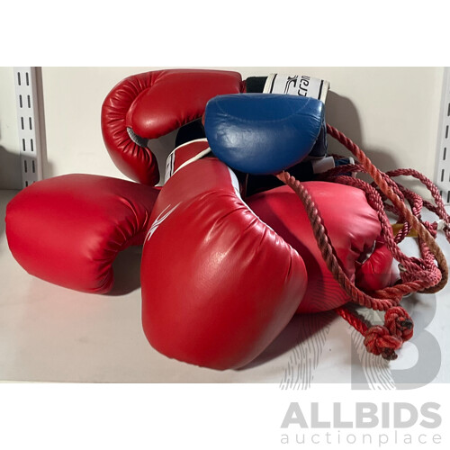 Set of Three Pairs of Boxing Gloves - Aerial, Crane and Jim Bradley - Alongside Two Jump Ropes