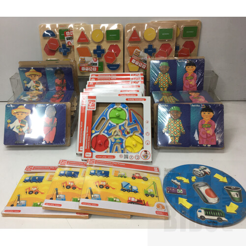 Assorted Children's Puzzle Include Children Of The World, Mesmerizing maze, Fit The Shapes, Pig Construction Puzzle,Tuzzle Turning ORP $1,639.00 - Lot Of 25