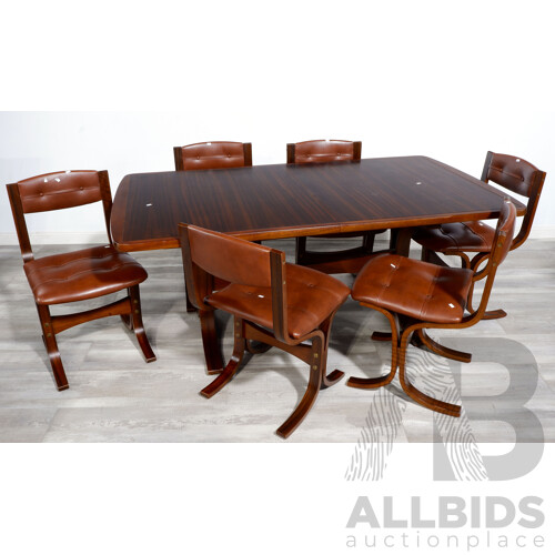 Mid Century Danish Deluxe Butterfly Extension Dining Table with Six Button Tan Leather Dining Chairs