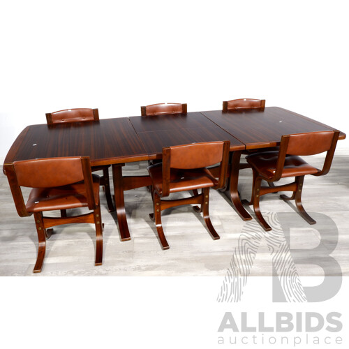 Mid Century Danish Deluxe Butterfly Extension Dining Table with Six Button Tan Leather Dining Chairs