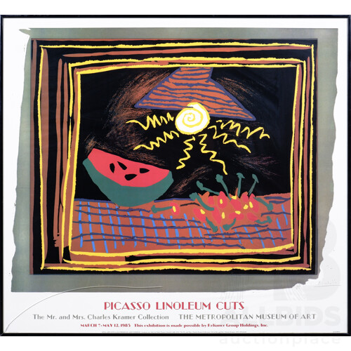 Picasso, Still Life with a Watermelon and Cherries, Copy of original linocut from 1962 within 'Picasso Linoleum Cuts' advertising a March-May 1985 Exhibition at the Metropolitan Museum of Art, 63.5 x 90 cm (framed)