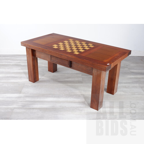 Vintage Jarrah Coffee Table with Inlaid Chess Board and Single Drawer