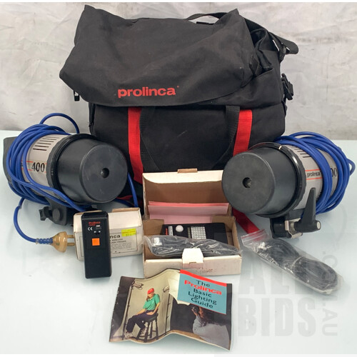 Pair of Elinchrom Prolinica 400 Flash Heads and Related Cords and Accessories in Carrying Bag